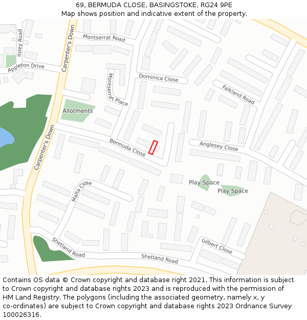 69, BERMUDA CLOSE, BASINGSTOKE, RG24 9PE: Location map and indicative extent of plot