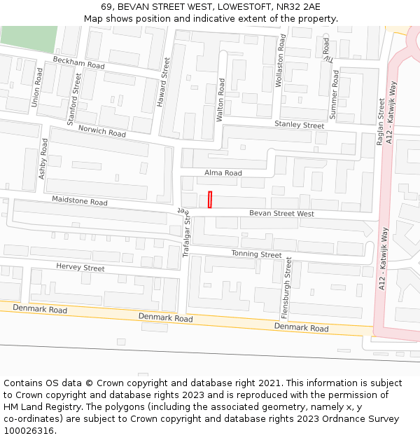 69, BEVAN STREET WEST, LOWESTOFT, NR32 2AE: Location map and indicative extent of plot