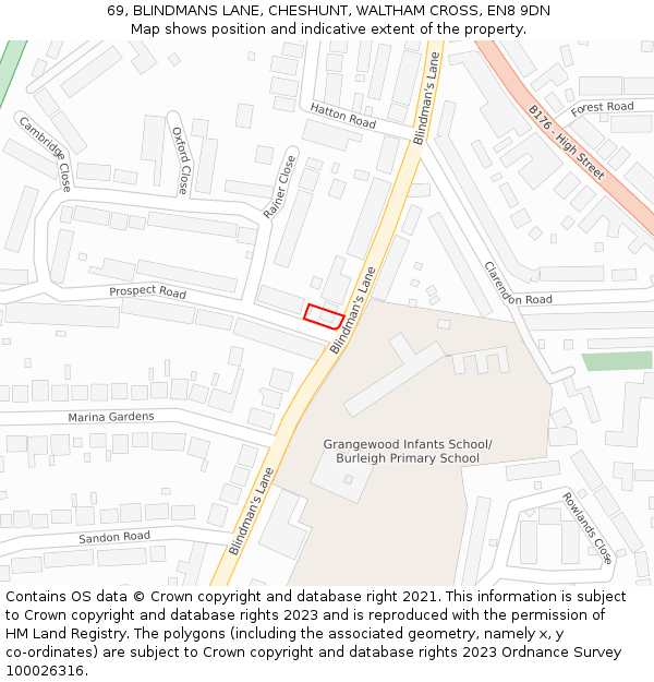 69, BLINDMANS LANE, CHESHUNT, WALTHAM CROSS, EN8 9DN: Location map and indicative extent of plot