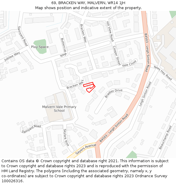 69, BRACKEN WAY, MALVERN, WR14 1JH: Location map and indicative extent of plot