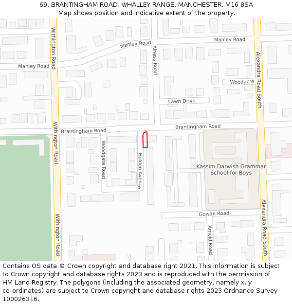 69, BRANTINGHAM ROAD, WHALLEY RANGE, MANCHESTER, M16 8SA: Location map and indicative extent of plot