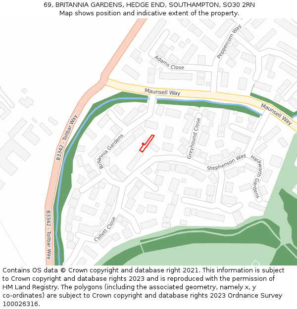 69, BRITANNIA GARDENS, HEDGE END, SOUTHAMPTON, SO30 2RN: Location map and indicative extent of plot
