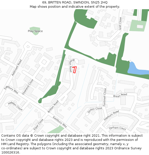 69, BRITTEN ROAD, SWINDON, SN25 2HQ: Location map and indicative extent of plot
