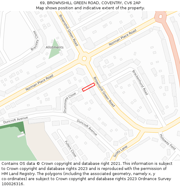 69, BROWNSHILL GREEN ROAD, COVENTRY, CV6 2AP: Location map and indicative extent of plot