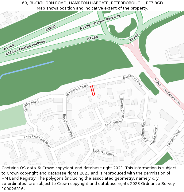 69, BUCKTHORN ROAD, HAMPTON HARGATE, PETERBOROUGH, PE7 8GB: Location map and indicative extent of plot