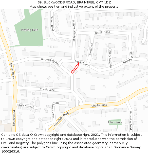 69, BUCKWOODS ROAD, BRAINTREE, CM7 1DZ: Location map and indicative extent of plot