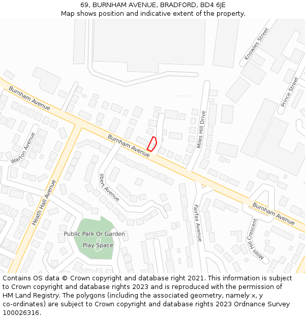 69, BURNHAM AVENUE, BRADFORD, BD4 6JE: Location map and indicative extent of plot