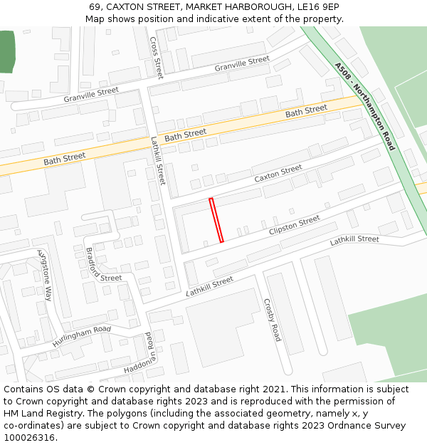 69, CAXTON STREET, MARKET HARBOROUGH, LE16 9EP: Location map and indicative extent of plot