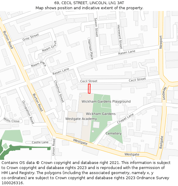 69, CECIL STREET, LINCOLN, LN1 3AT: Location map and indicative extent of plot