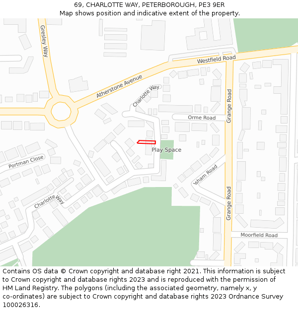 69, CHARLOTTE WAY, PETERBOROUGH, PE3 9ER: Location map and indicative extent of plot