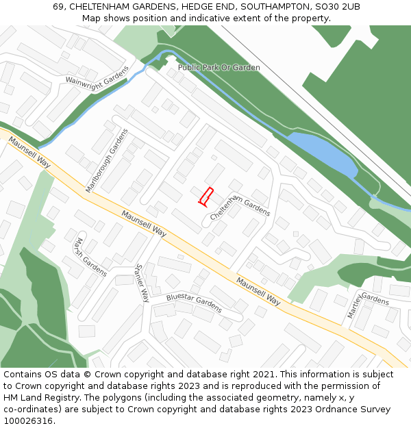 69, CHELTENHAM GARDENS, HEDGE END, SOUTHAMPTON, SO30 2UB: Location map and indicative extent of plot