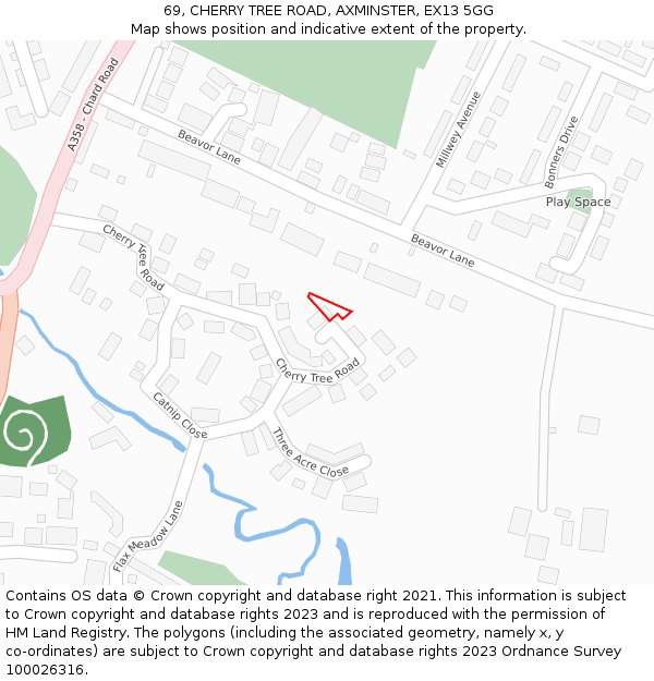 69, CHERRY TREE ROAD, AXMINSTER, EX13 5GG: Location map and indicative extent of plot