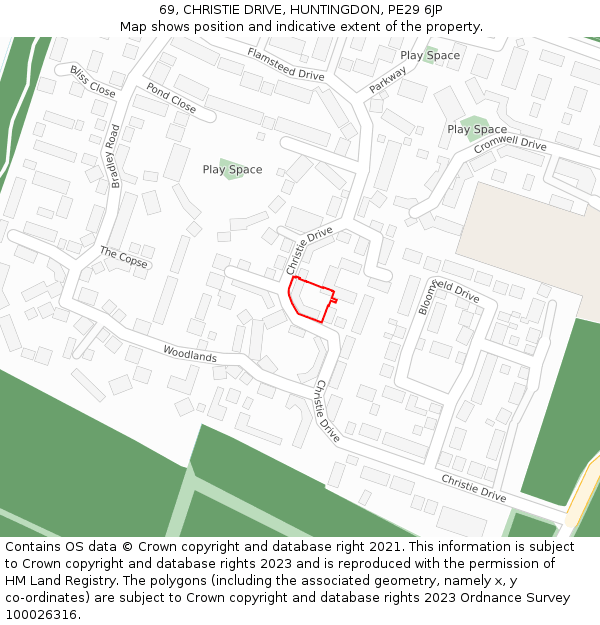 69, CHRISTIE DRIVE, HUNTINGDON, PE29 6JP: Location map and indicative extent of plot
