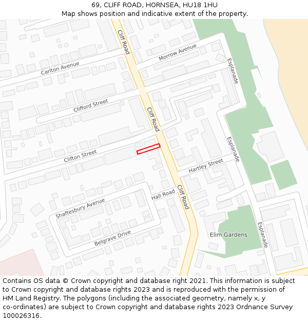69, CLIFF ROAD, HORNSEA, HU18 1HU: Location map and indicative extent of plot