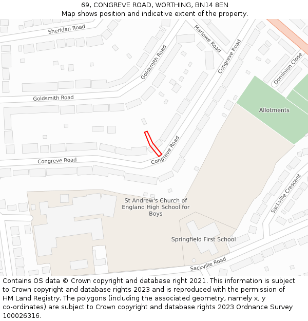 69, CONGREVE ROAD, WORTHING, BN14 8EN: Location map and indicative extent of plot