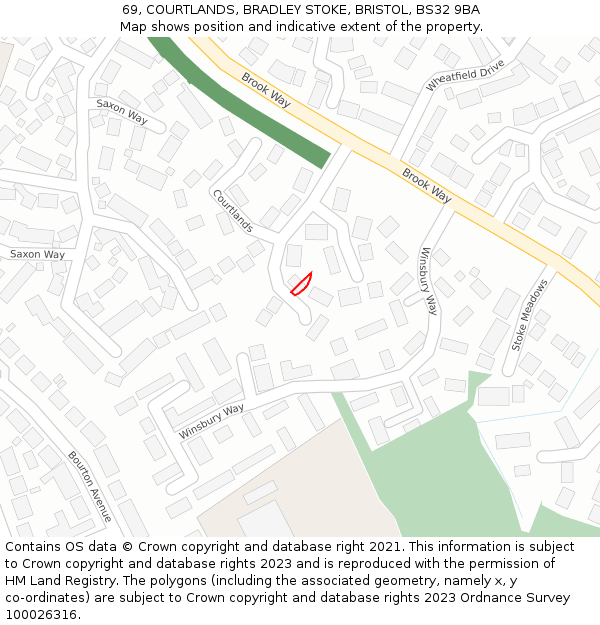 69, COURTLANDS, BRADLEY STOKE, BRISTOL, BS32 9BA: Location map and indicative extent of plot