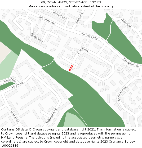 69, DOWNLANDS, STEVENAGE, SG2 7BJ: Location map and indicative extent of plot