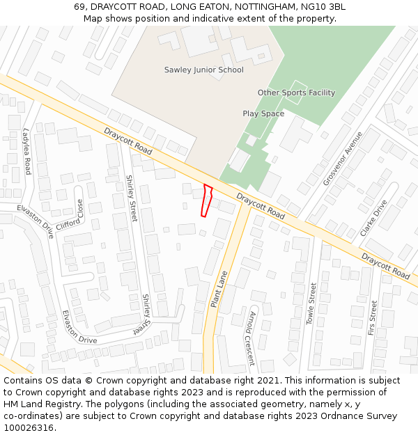 69, DRAYCOTT ROAD, LONG EATON, NOTTINGHAM, NG10 3BL: Location map and indicative extent of plot