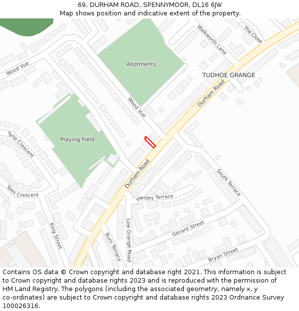 69, DURHAM ROAD, SPENNYMOOR, DL16 6JW: Location map and indicative extent of plot