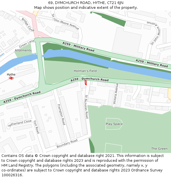 69, DYMCHURCH ROAD, HYTHE, CT21 6JN: Location map and indicative extent of plot