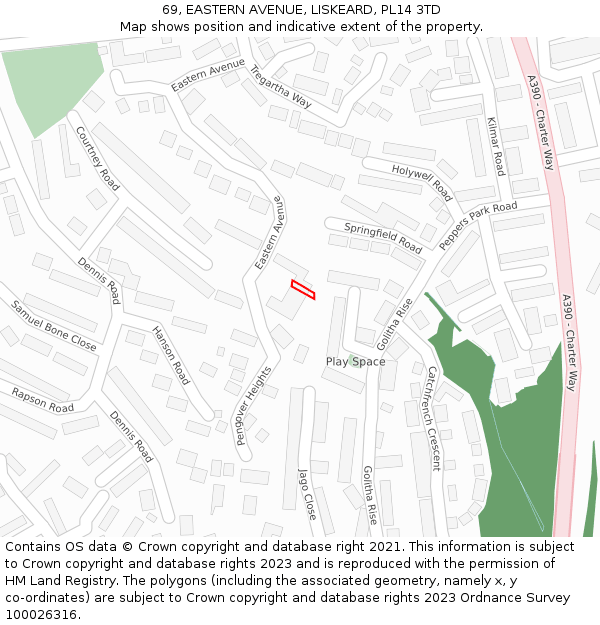 69, EASTERN AVENUE, LISKEARD, PL14 3TD: Location map and indicative extent of plot