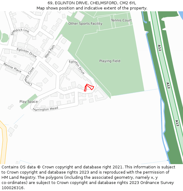 69, EGLINTON DRIVE, CHELMSFORD, CM2 6YL: Location map and indicative extent of plot