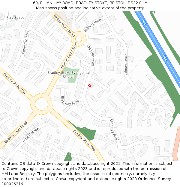 69, ELLAN HAY ROAD, BRADLEY STOKE, BRISTOL, BS32 0HA: Location map and indicative extent of plot