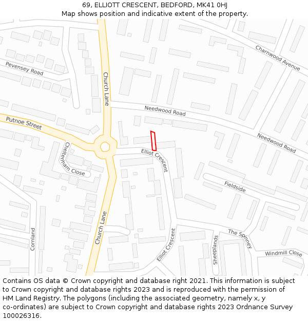 69, ELLIOTT CRESCENT, BEDFORD, MK41 0HJ: Location map and indicative extent of plot