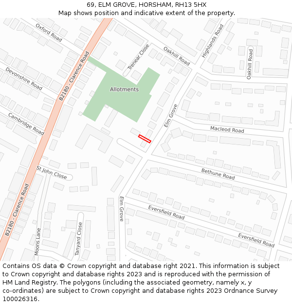 69, ELM GROVE, HORSHAM, RH13 5HX: Location map and indicative extent of plot