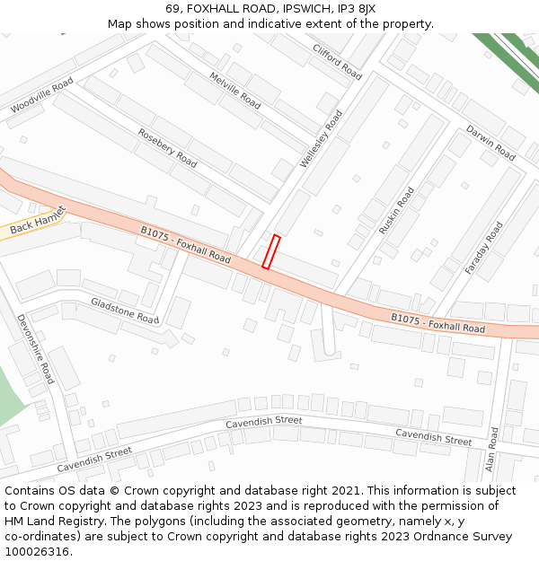 69, FOXHALL ROAD, IPSWICH, IP3 8JX: Location map and indicative extent of plot