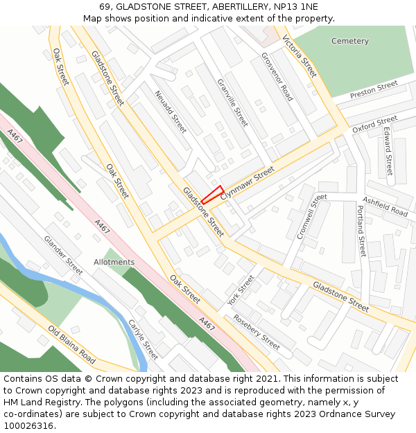 69, GLADSTONE STREET, ABERTILLERY, NP13 1NE: Location map and indicative extent of plot