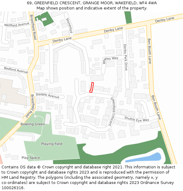 69, GREENFIELD CRESCENT, GRANGE MOOR, WAKEFIELD, WF4 4WA: Location map and indicative extent of plot