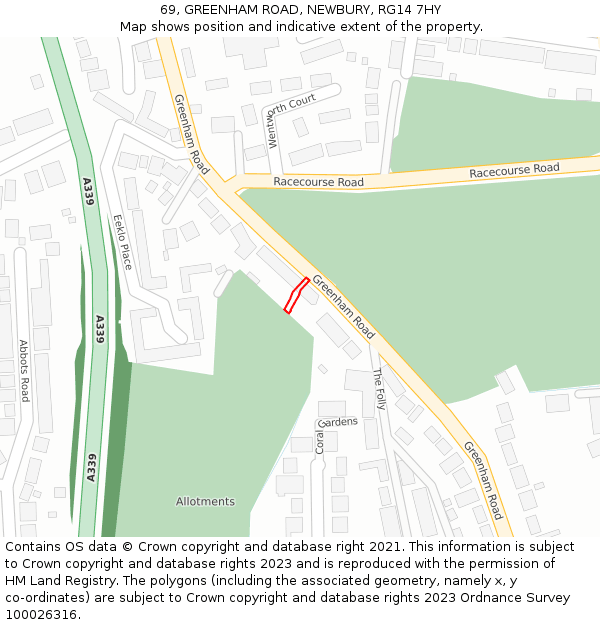 69, GREENHAM ROAD, NEWBURY, RG14 7HY: Location map and indicative extent of plot