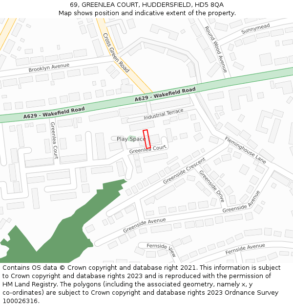 69, GREENLEA COURT, HUDDERSFIELD, HD5 8QA: Location map and indicative extent of plot
