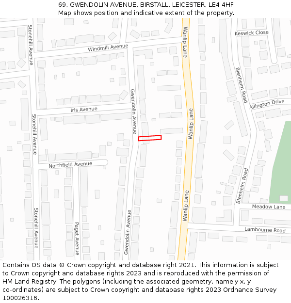 69, GWENDOLIN AVENUE, BIRSTALL, LEICESTER, LE4 4HF: Location map and indicative extent of plot