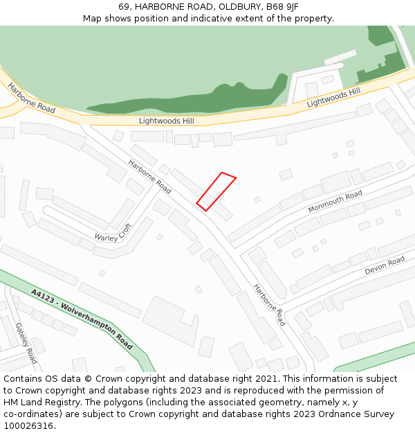 69, HARBORNE ROAD, OLDBURY, B68 9JF: Location map and indicative extent of plot