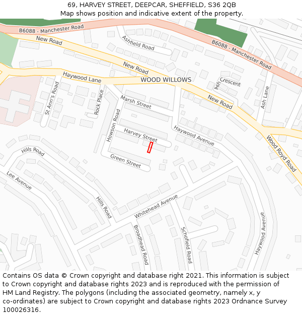 69, HARVEY STREET, DEEPCAR, SHEFFIELD, S36 2QB: Location map and indicative extent of plot