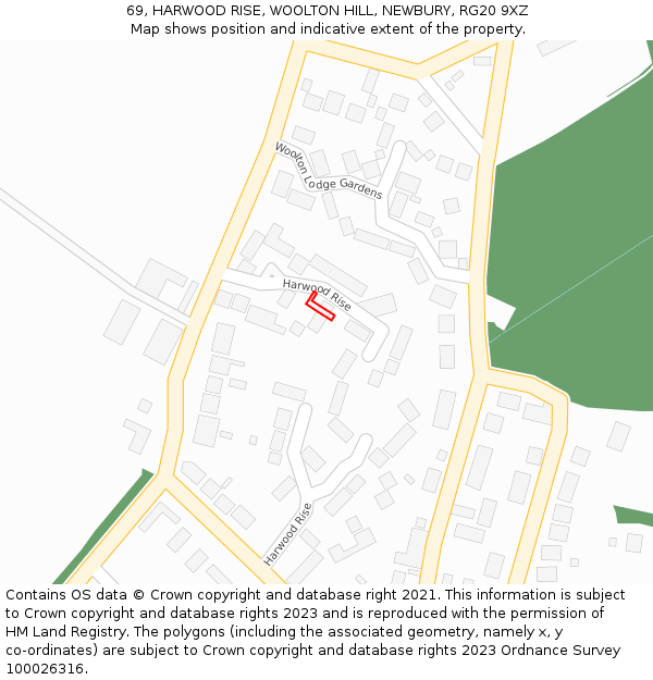 69, HARWOOD RISE, WOOLTON HILL, NEWBURY, RG20 9XZ: Location map and indicative extent of plot