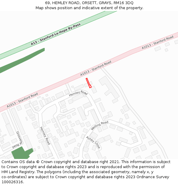 69, HEMLEY ROAD, ORSETT, GRAYS, RM16 3DQ: Location map and indicative extent of plot
