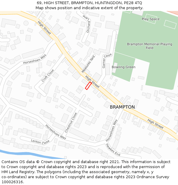 69, HIGH STREET, BRAMPTON, HUNTINGDON, PE28 4TQ: Location map and indicative extent of plot