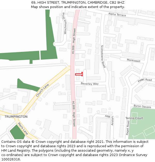 69, HIGH STREET, TRUMPINGTON, CAMBRIDGE, CB2 9HZ: Location map and indicative extent of plot