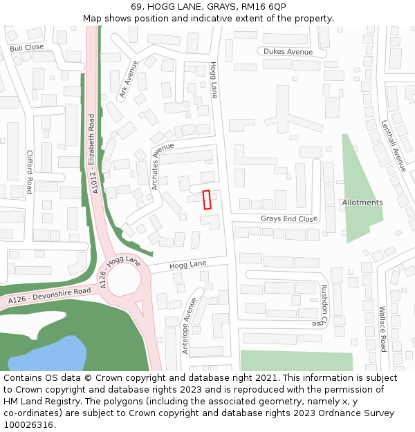 69, HOGG LANE, GRAYS, RM16 6QP: Location map and indicative extent of plot