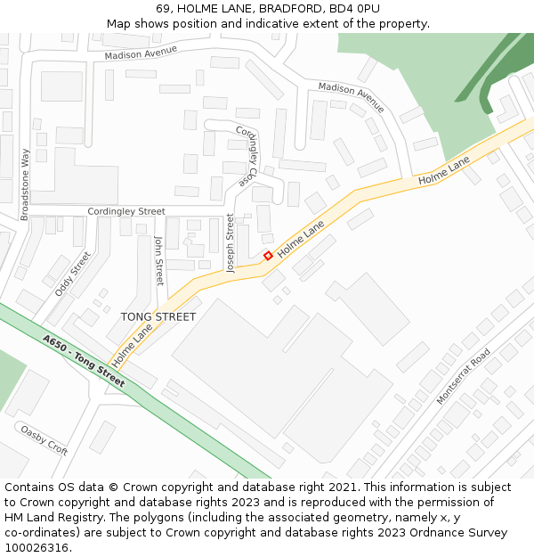 69, HOLME LANE, BRADFORD, BD4 0PU: Location map and indicative extent of plot