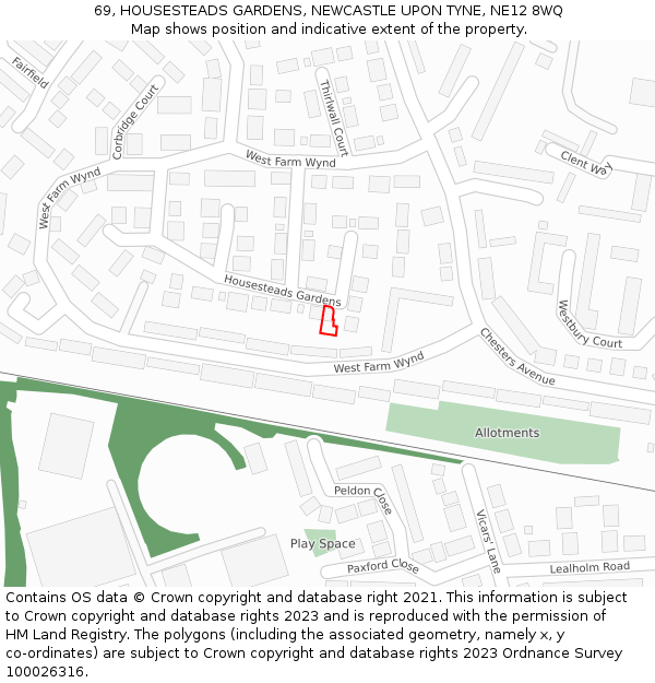 69, HOUSESTEADS GARDENS, NEWCASTLE UPON TYNE, NE12 8WQ: Location map and indicative extent of plot