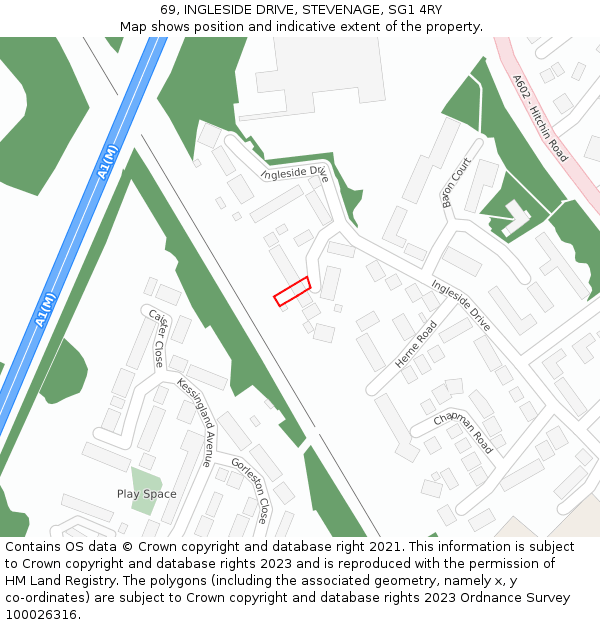 69, INGLESIDE DRIVE, STEVENAGE, SG1 4RY: Location map and indicative extent of plot