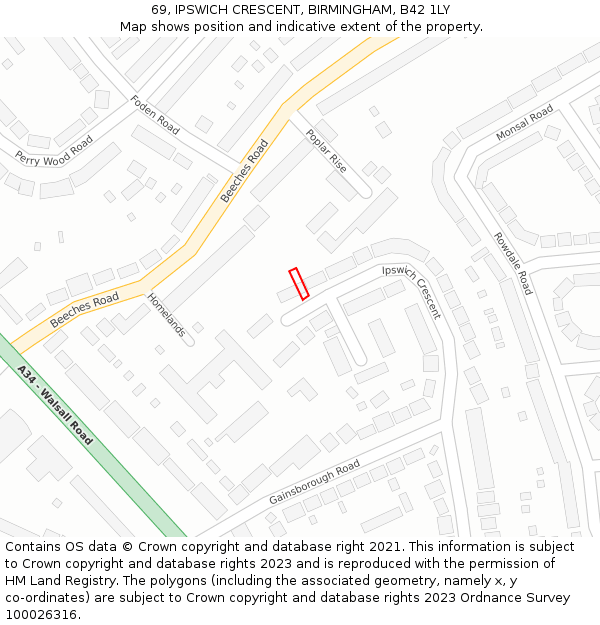 69, IPSWICH CRESCENT, BIRMINGHAM, B42 1LY: Location map and indicative extent of plot