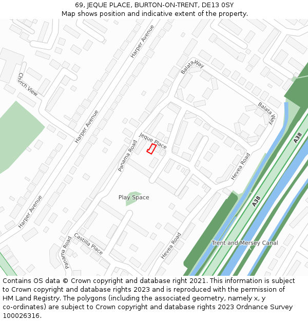 69, JEQUE PLACE, BURTON-ON-TRENT, DE13 0SY: Location map and indicative extent of plot