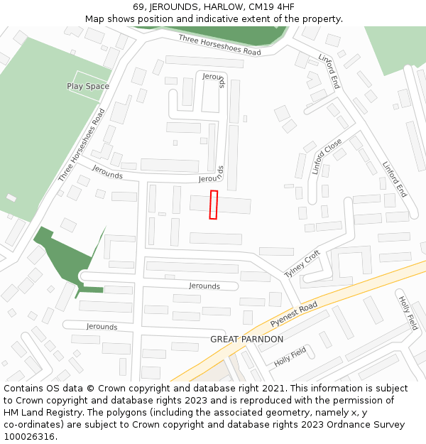 69, JEROUNDS, HARLOW, CM19 4HF: Location map and indicative extent of plot