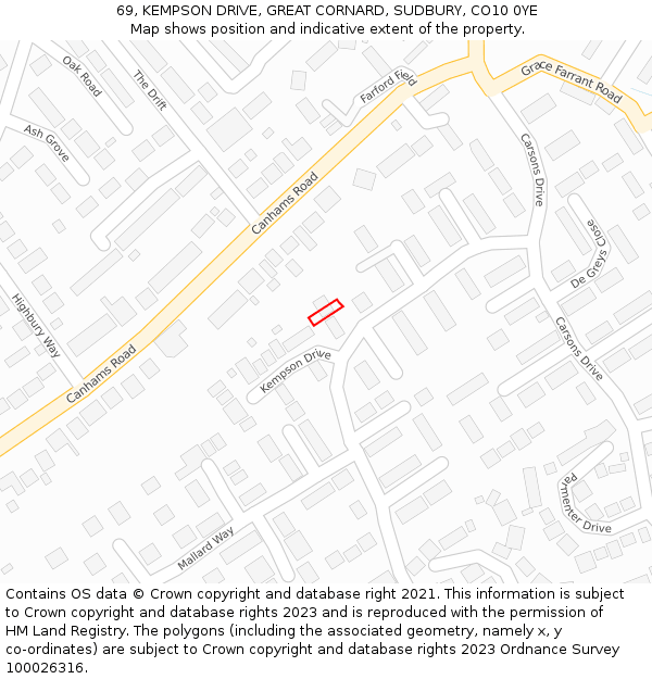 69, KEMPSON DRIVE, GREAT CORNARD, SUDBURY, CO10 0YE: Location map and indicative extent of plot
