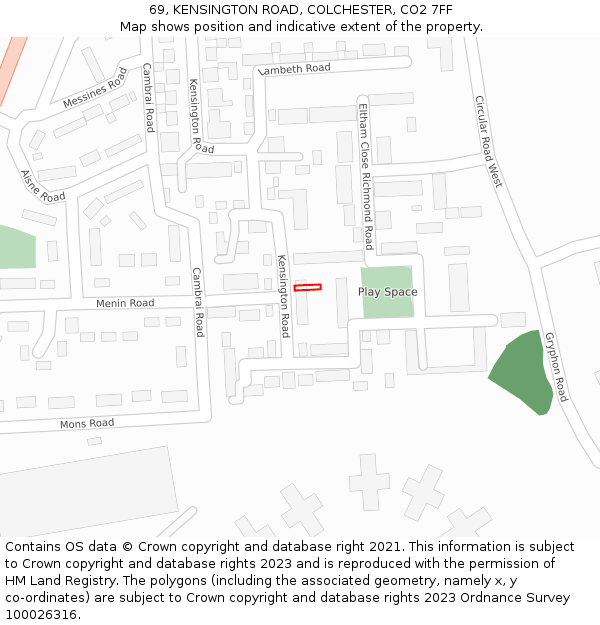 69, KENSINGTON ROAD, COLCHESTER, CO2 7FF: Location map and indicative extent of plot